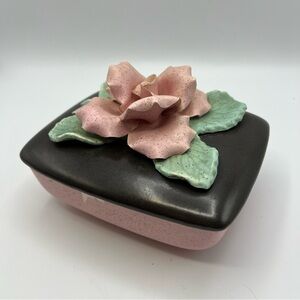 Vintage California Pottery Cigarette Box Valley Vista Double Pink Rose Brown Lid